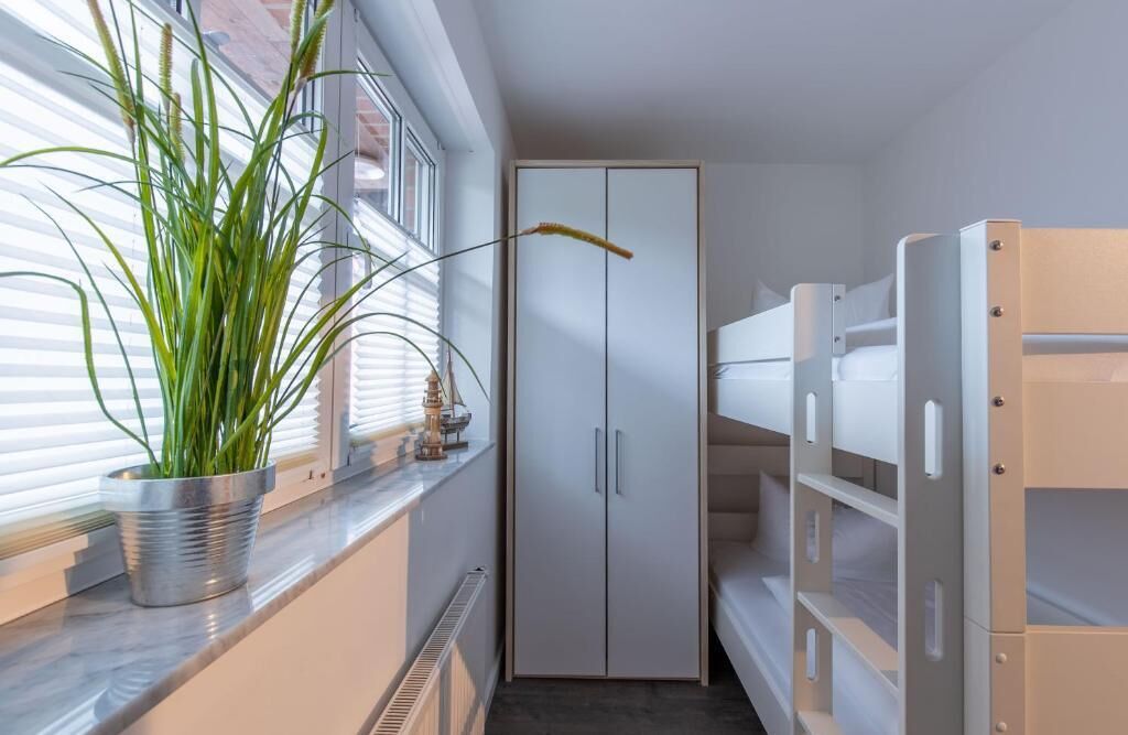 A narrow hallway with a potted plant, a wardrobe, and bunk beds.