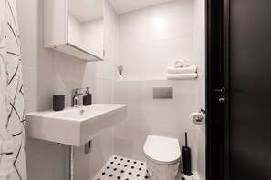Economy studio | Badkamer | Een douche, gratis toiletartikelen, een haardroger, pantoffels