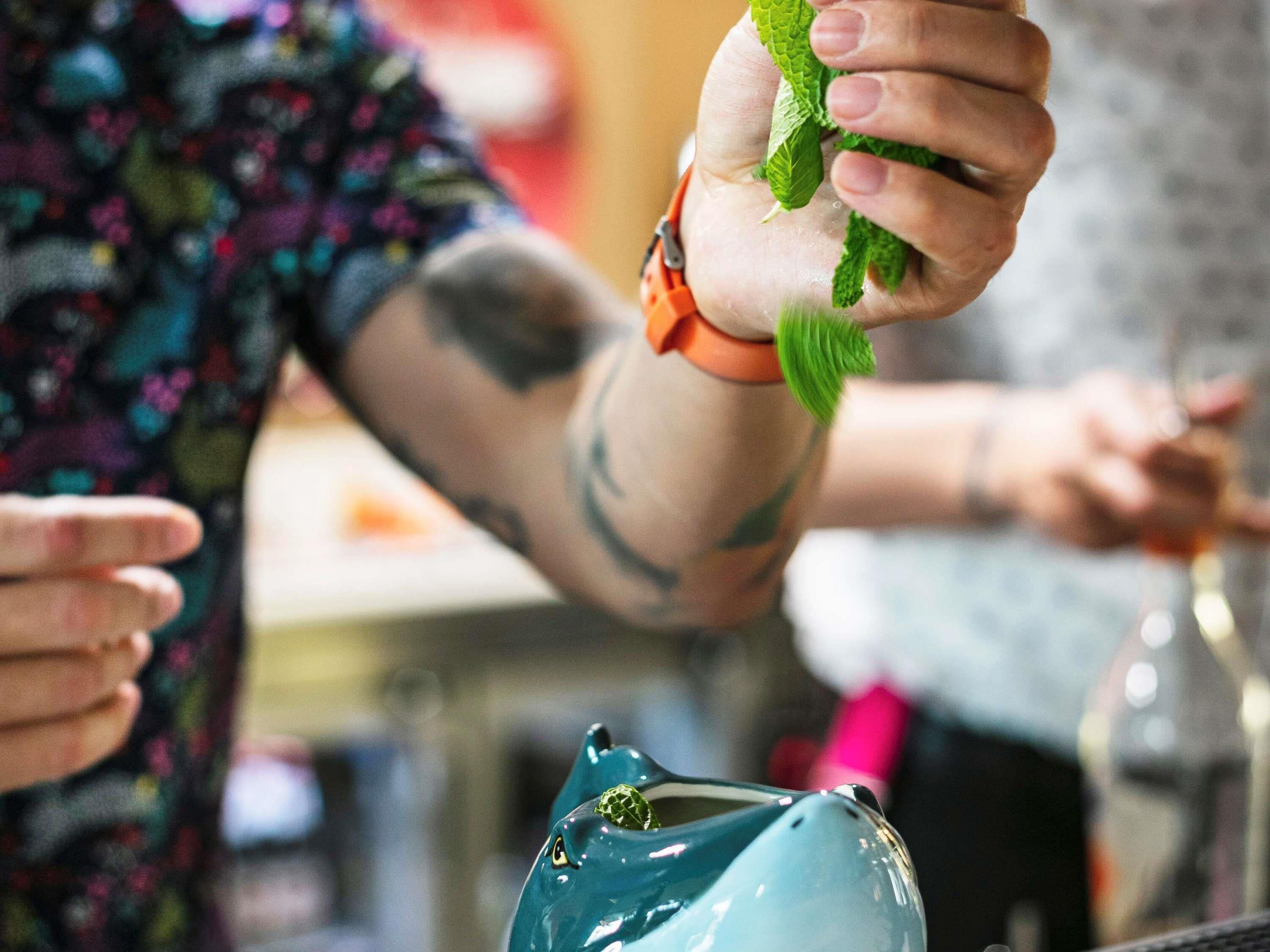 A person holding a mint plant.