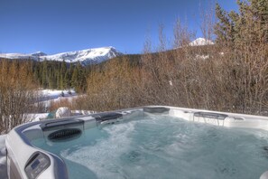 A hot tub with a clear view of snow-capped mountains and a forested area in the background.