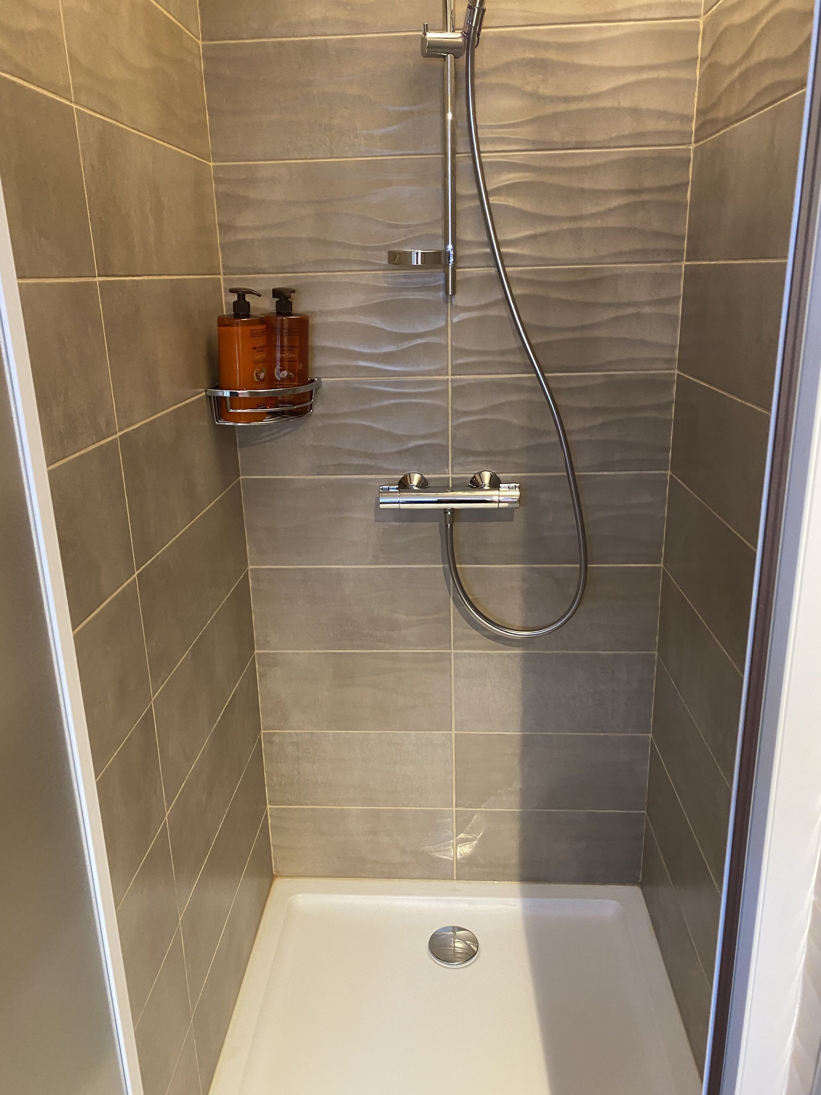 A shower stall with a handheld showerhead, a wall-mounted faucet, and a soap dispenser on a shelf.