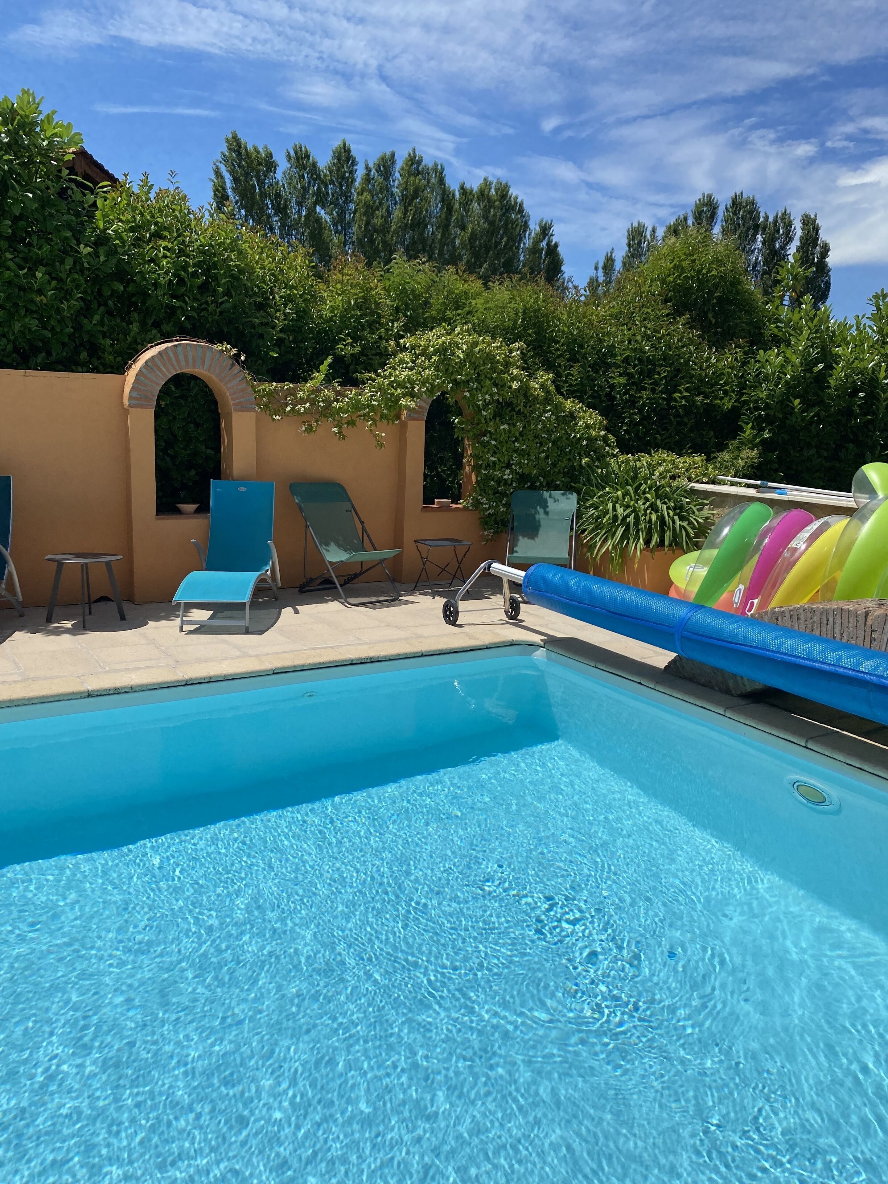 A clear blue pool with lounge chairs and a slide, surrounded by greenery and a clear sky.