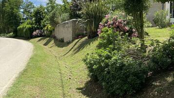 A residential property with a well-maintained lawn, a stone wall, and a variety of flowering shrubs.