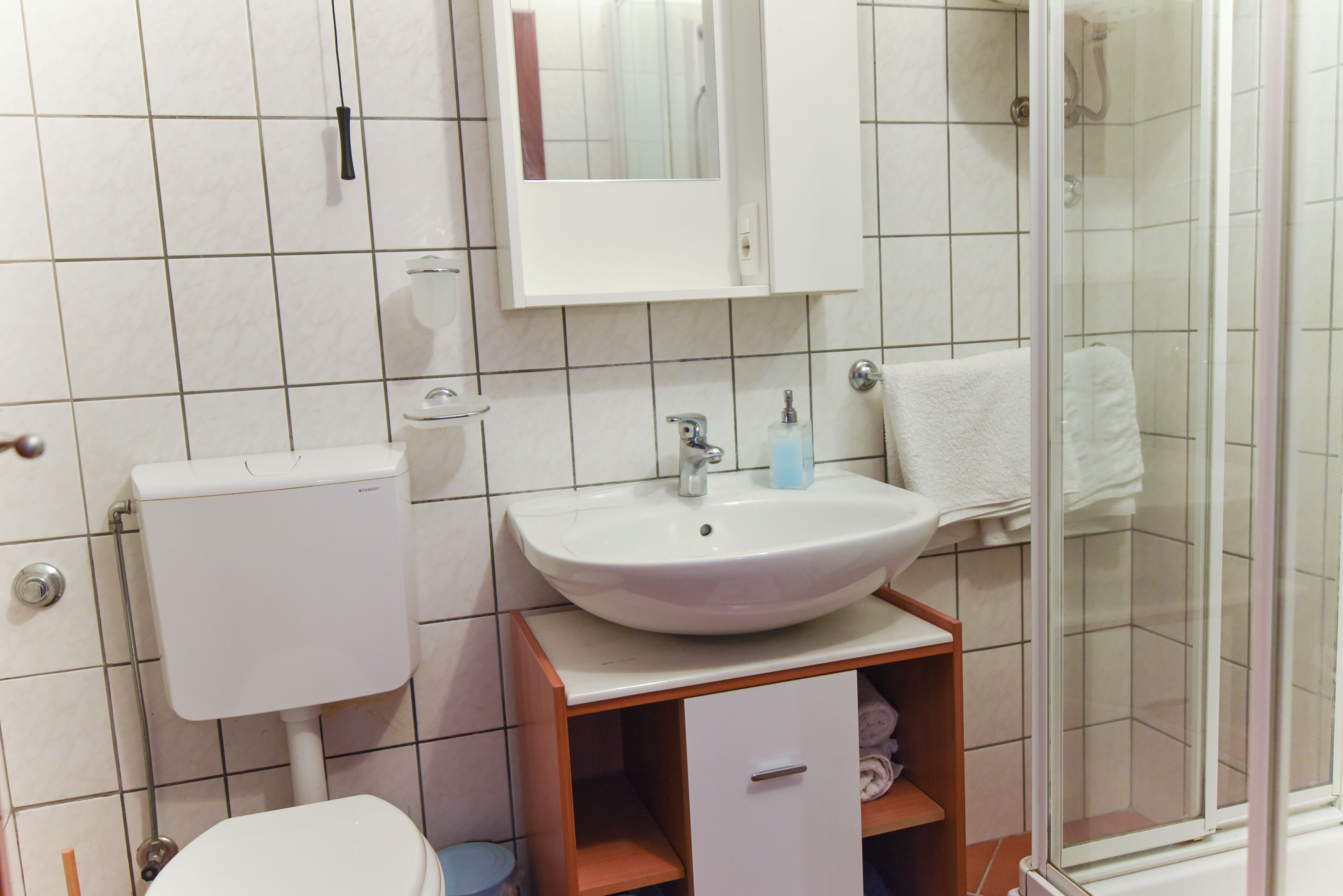 Een badkamer met toilet, wastafel, spiegel en douche.