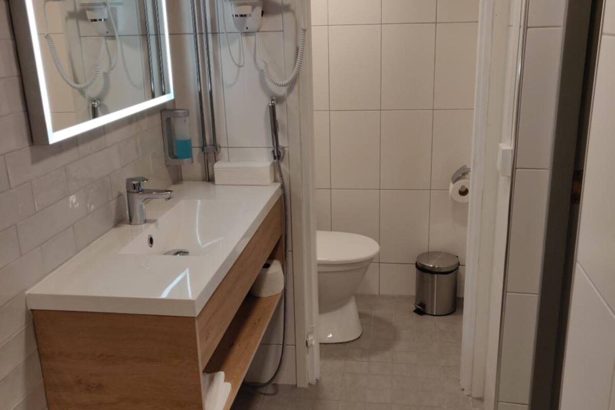 shower, hair dryer, bidet, towels