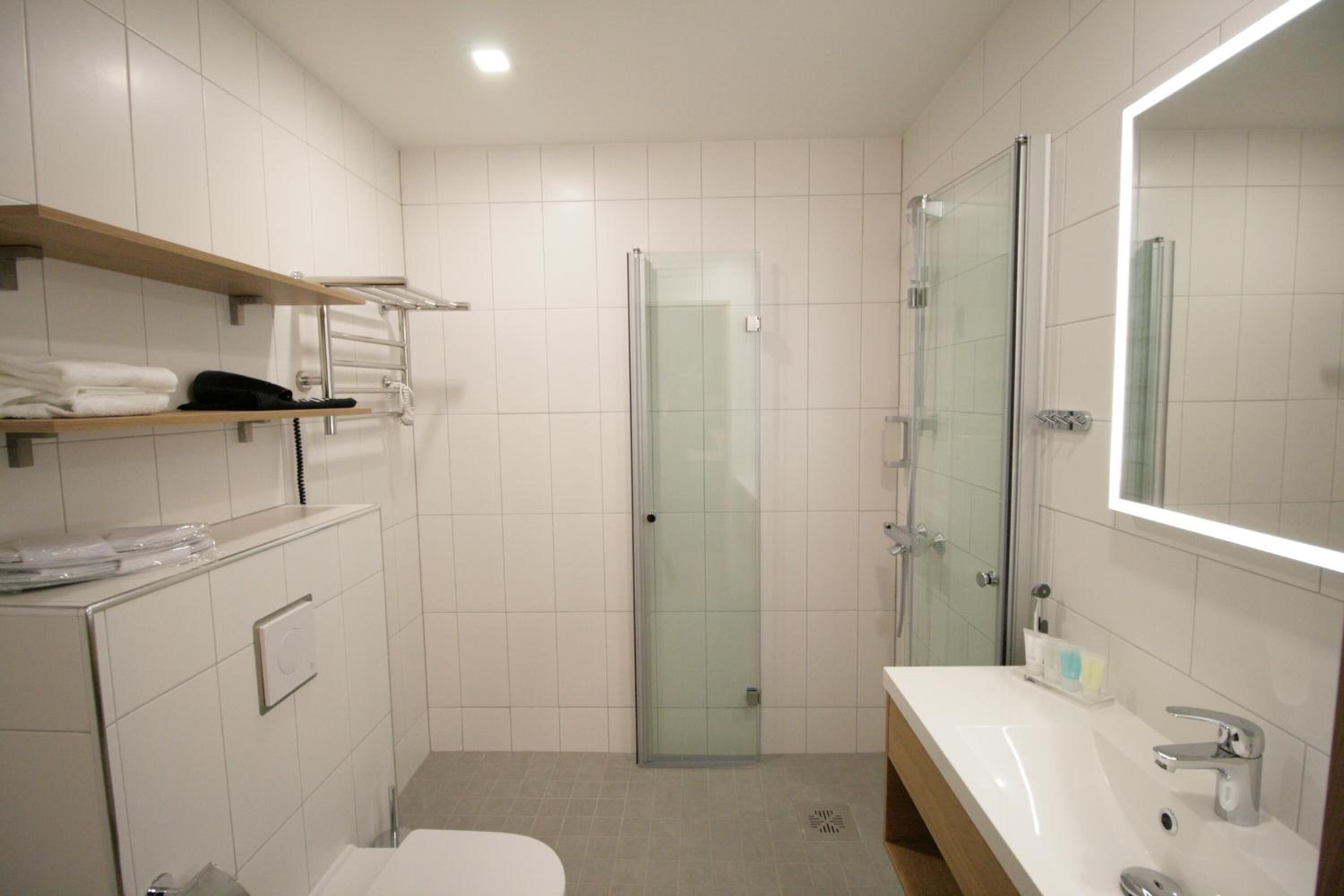 shower, hair dryer, bidet, towels