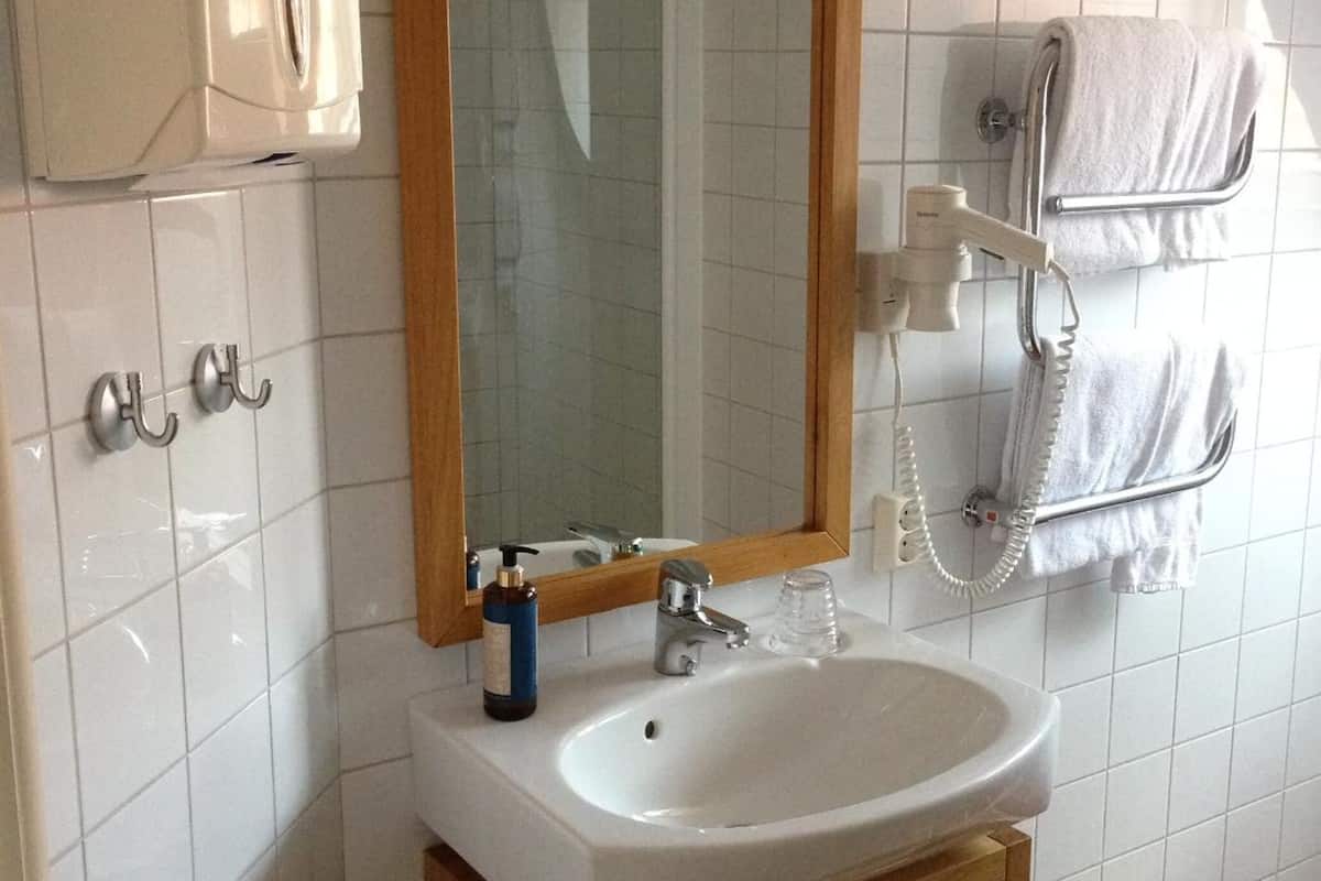 hair dryer, towels, soap, shampoo