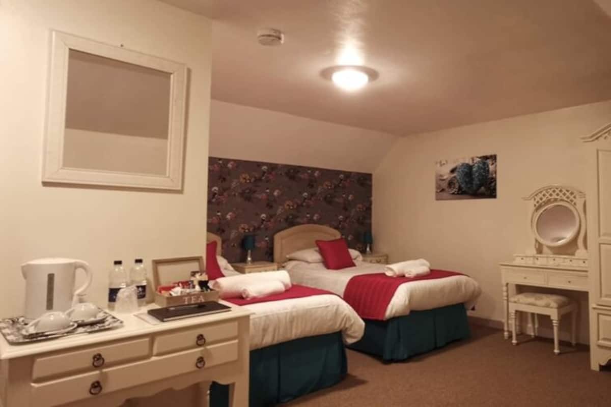 A bedroom with two beds, a desk, a chair, a wardrobe, and a mirror.