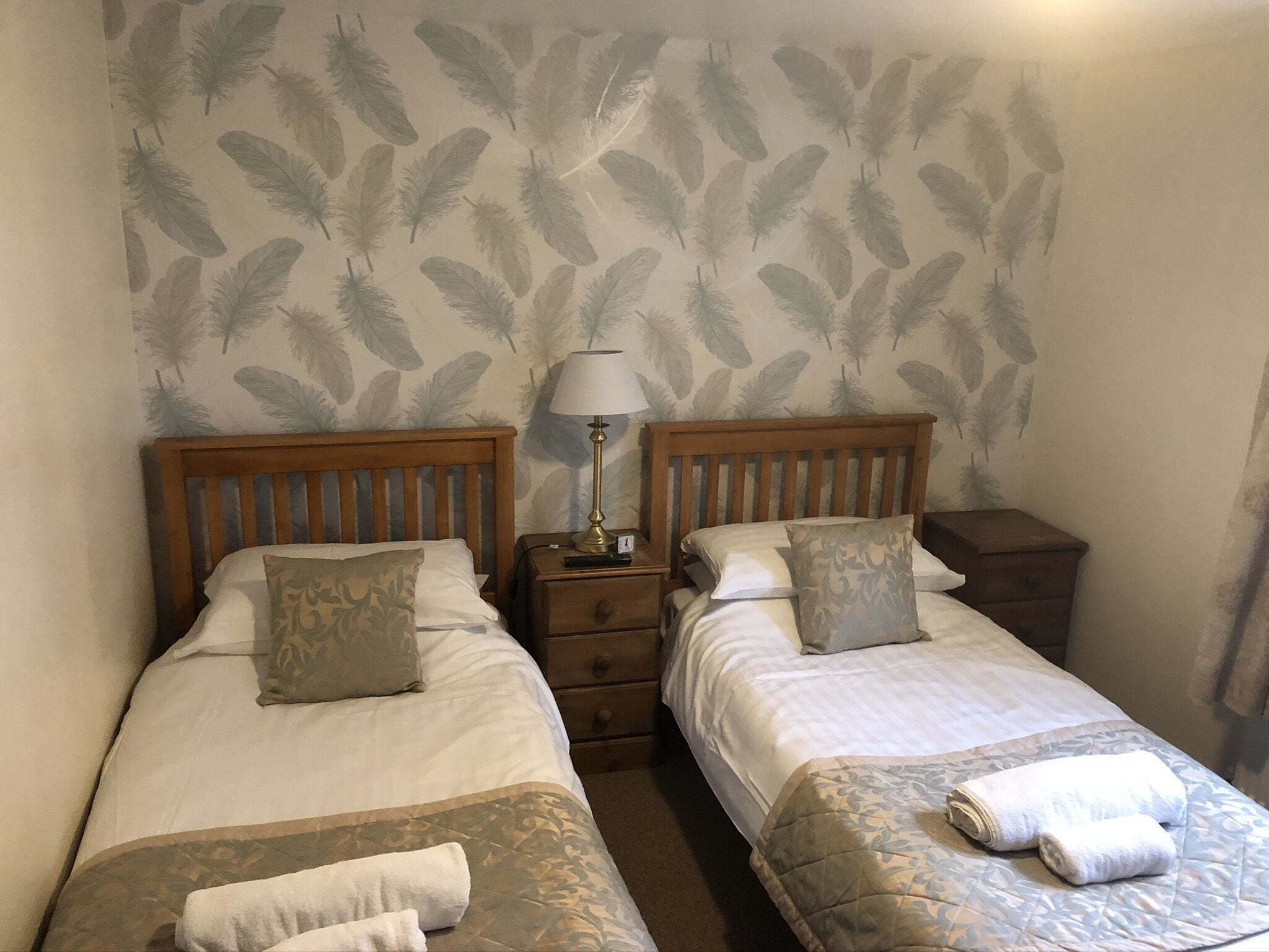 A room with two single beds, each with a wooden headboard, a nightstand, a lamp, and a patterned pillow.