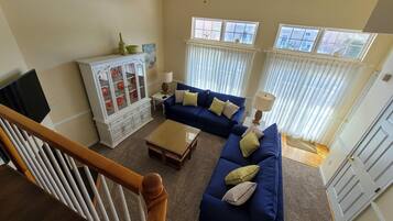 Smart TV, fireplace, DVD player, foosball