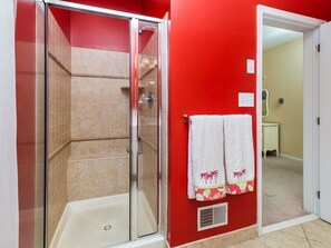 Combined shower/tub, jetted tub, hair dryer