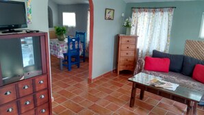 A living room with a sofa, a wooden cabinet, a television, a dining table with chairs, and a window with curtains. - Ideal pets: apartment house with garden: for 2 people, for 3 ask (Nájera)