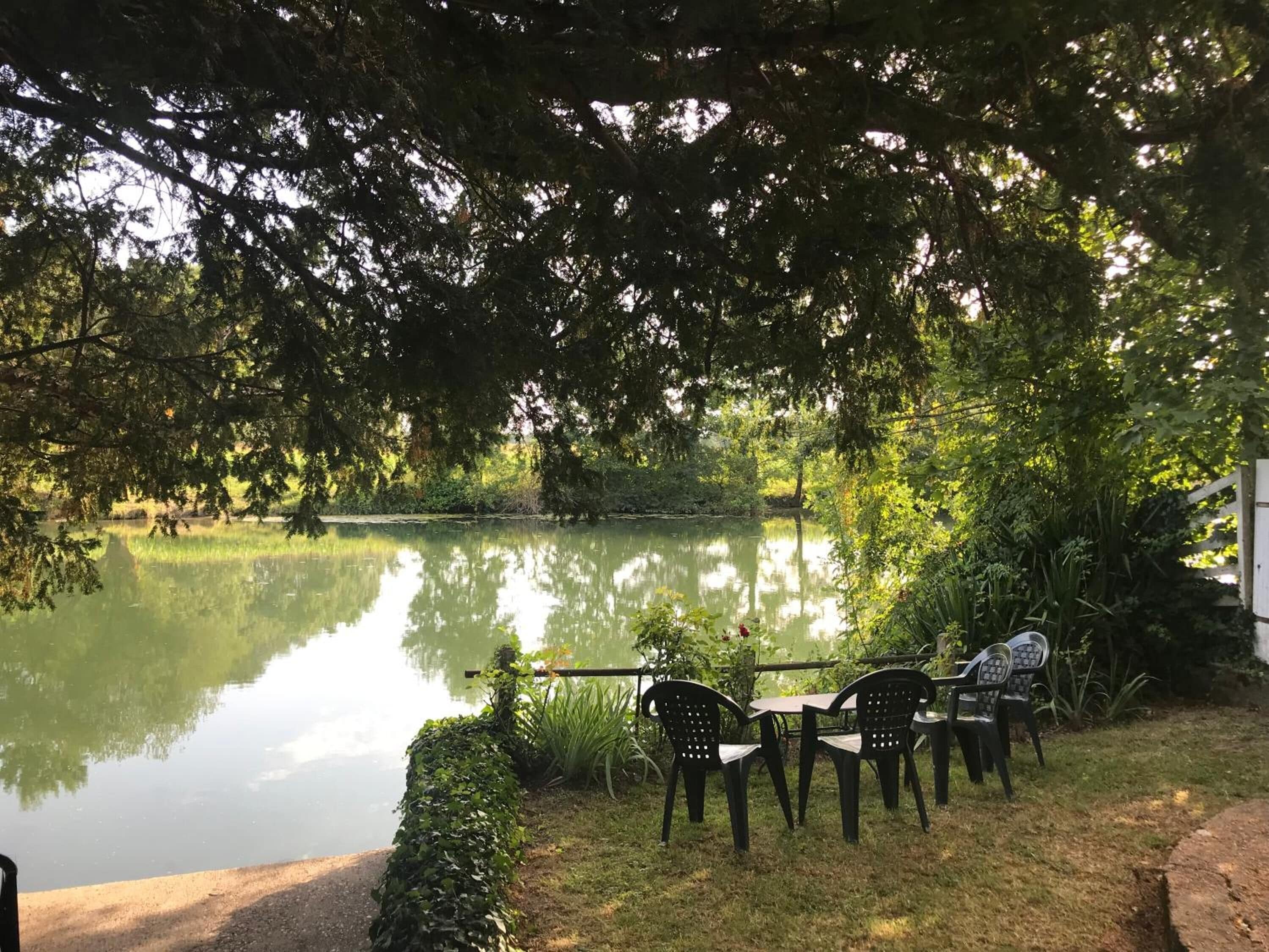 A serene outdoor seating area with a table and chairs by a calm pond, surrounded by lush greenery and trees.