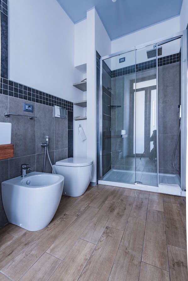 Deluxe kamer (n.3 Melissa) | Badkamer | Een douche, een regendouche, een haardroger, een bidet