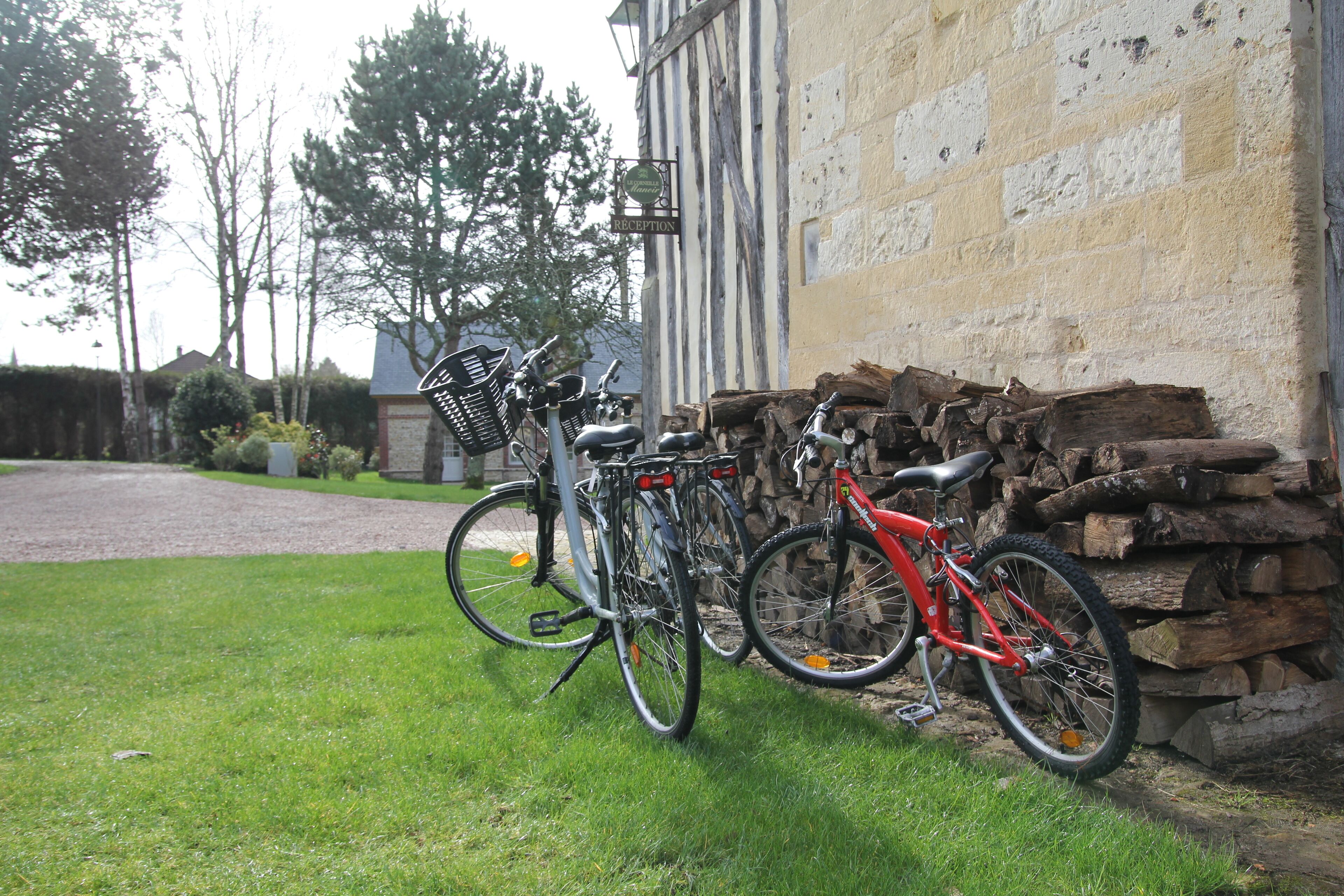 Bicycles parked outside a building with a stone wall and a pile of logs.