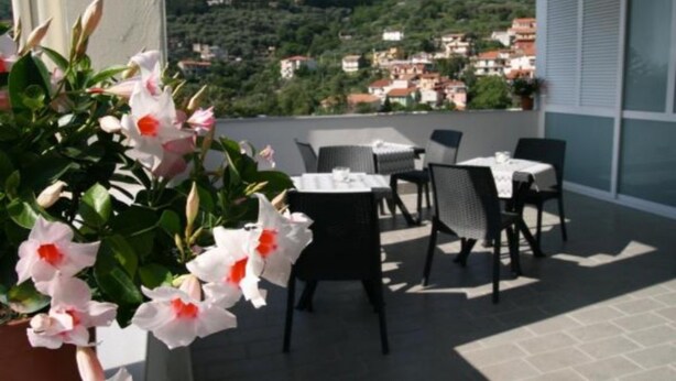 Una terraza con asientos al aire libre, una maceta con flores y vistas a un pueblo en la ladera.