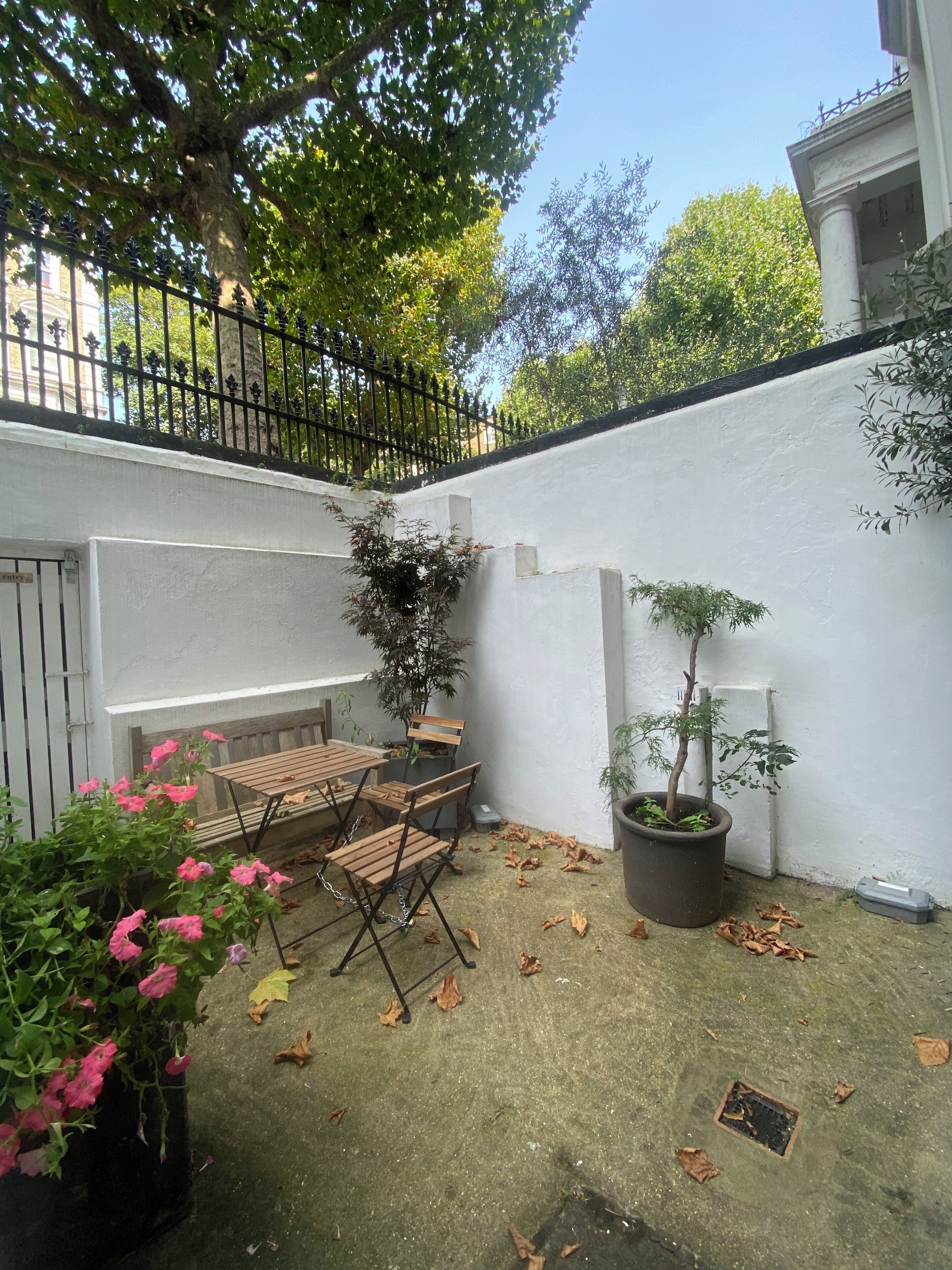 A patio area with a wooden table and chairs, surrounded by potted plants and a white wall.