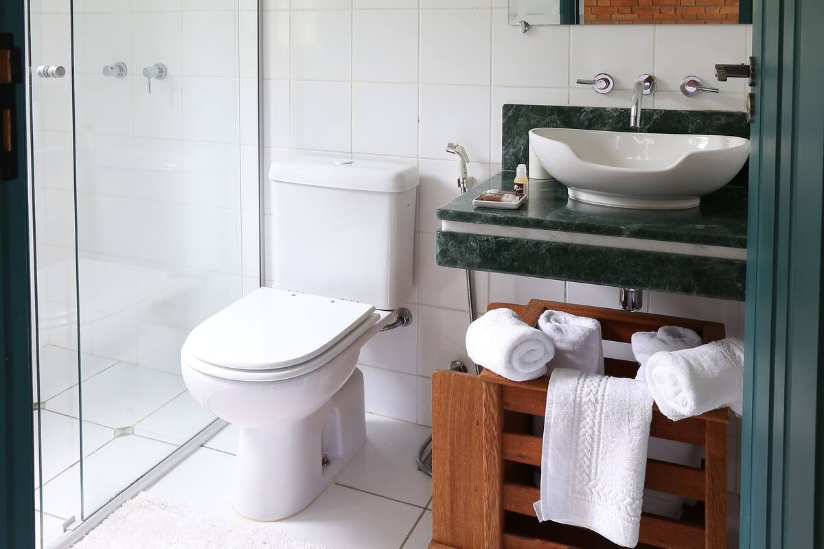 Shower, free toiletries, hair dryer, towels