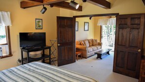 Un dormitorio con cama, televisor, sofá y puerta que da a otra habitación.