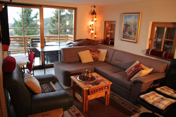 TV, fireplace, books, stereo