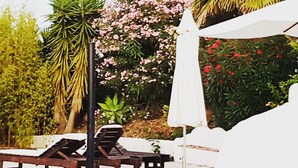 A garden with a pool, lounge chairs, and a white umbrella. - Quinta dos Cochichos – Country Houses (Olhao)