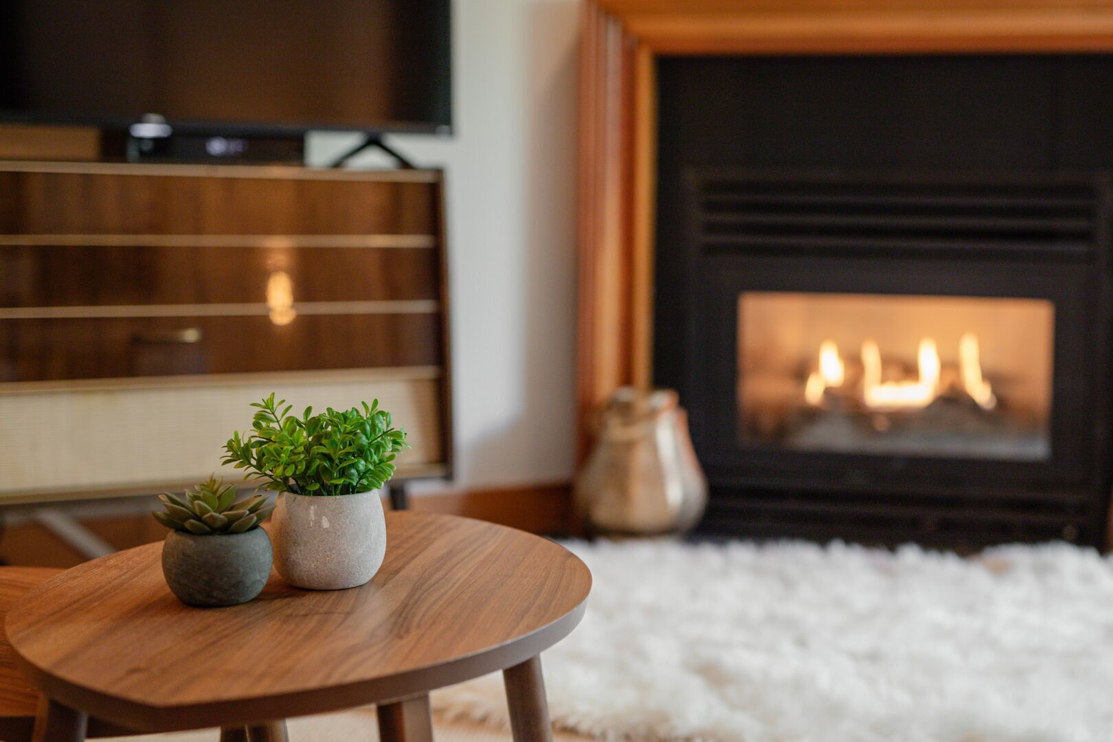 A cozy living room with a wooden table, two potted plants, a fireplace, and a television.