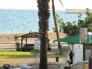 A beachside view with a small structure, a palm tree, and a sign.