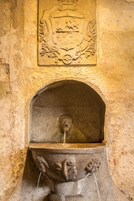 Una fuente de piedra con un escudo en la parte superior, integrada en un muro con textura.