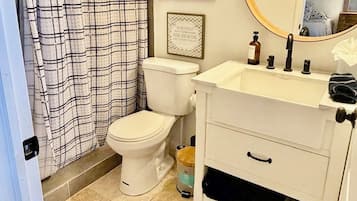 A bathroom with a white toilet, a white sink with a mirror above it, and a black and white checkered shower curtain.