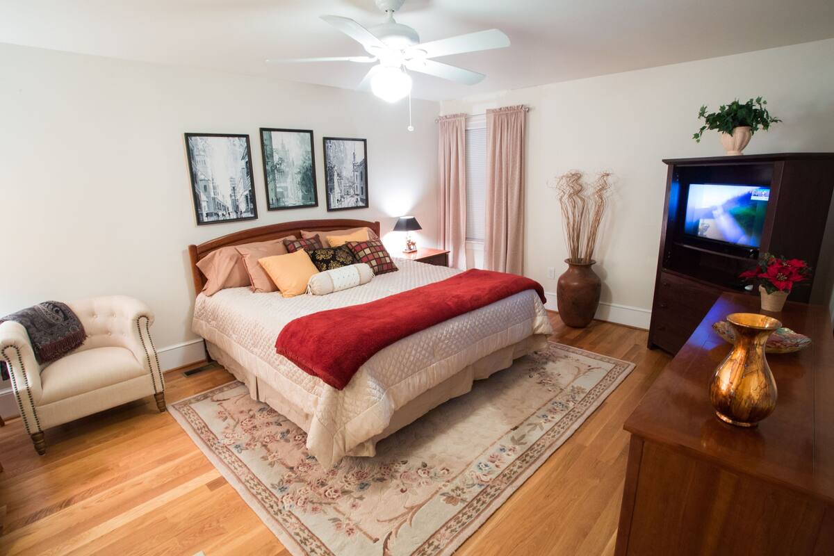 A bedroom with a bed, a chair, a TV, and a ceiling fan.