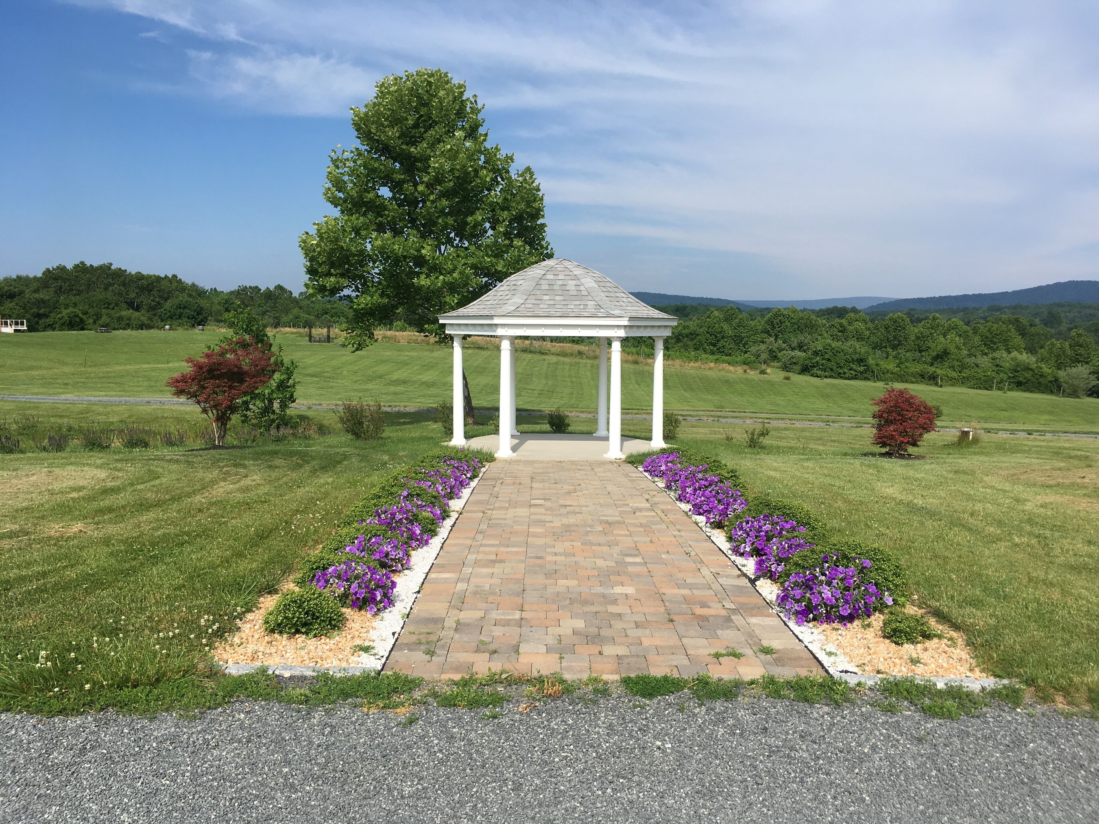 A gazebo with a brick pathway leading to it, surrounded by a grassy field and a tree.