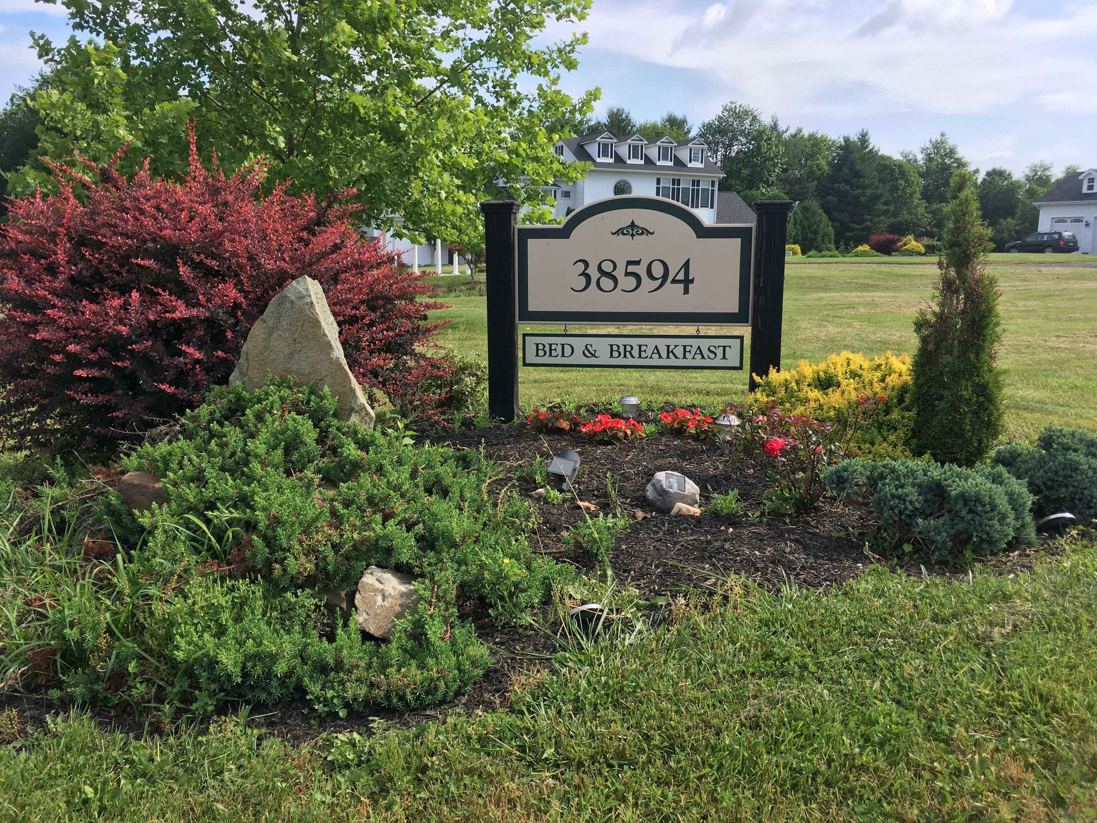 A sign for a bed and breakfast with the number 38594, surrounded by landscaped garden beds and a variety of shrubs and flowers.