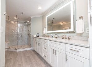 Shower, jetted tub, hair dryer, towels