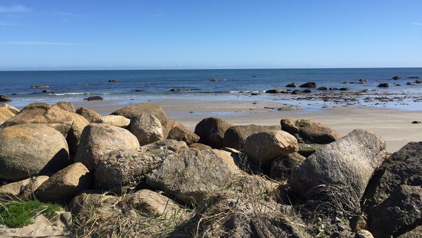 Una playa rocosa con grandes rocas en primer plano y un cielo azul despejado.