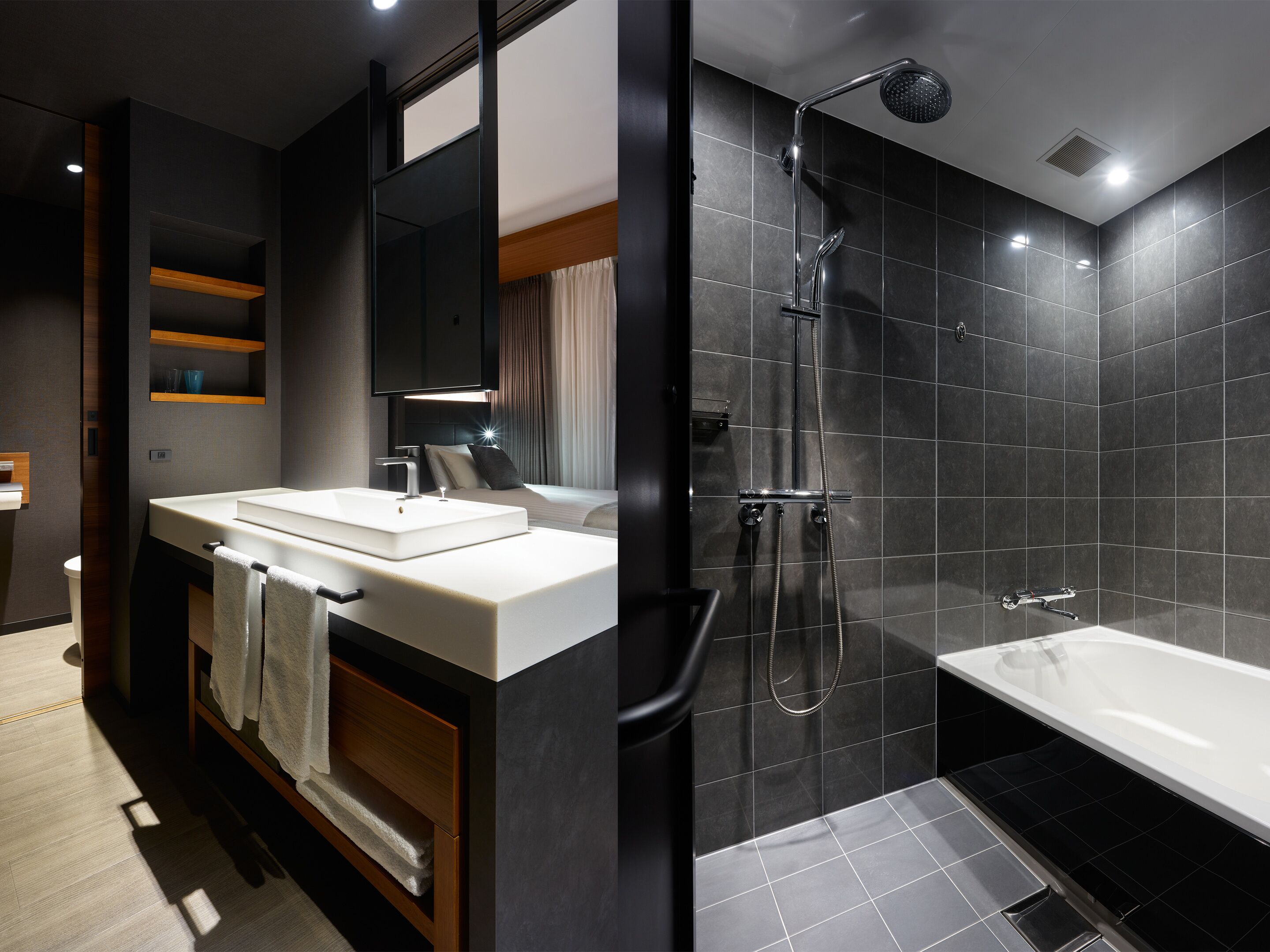 Un baño moderno con bañera, ducha y tocador.