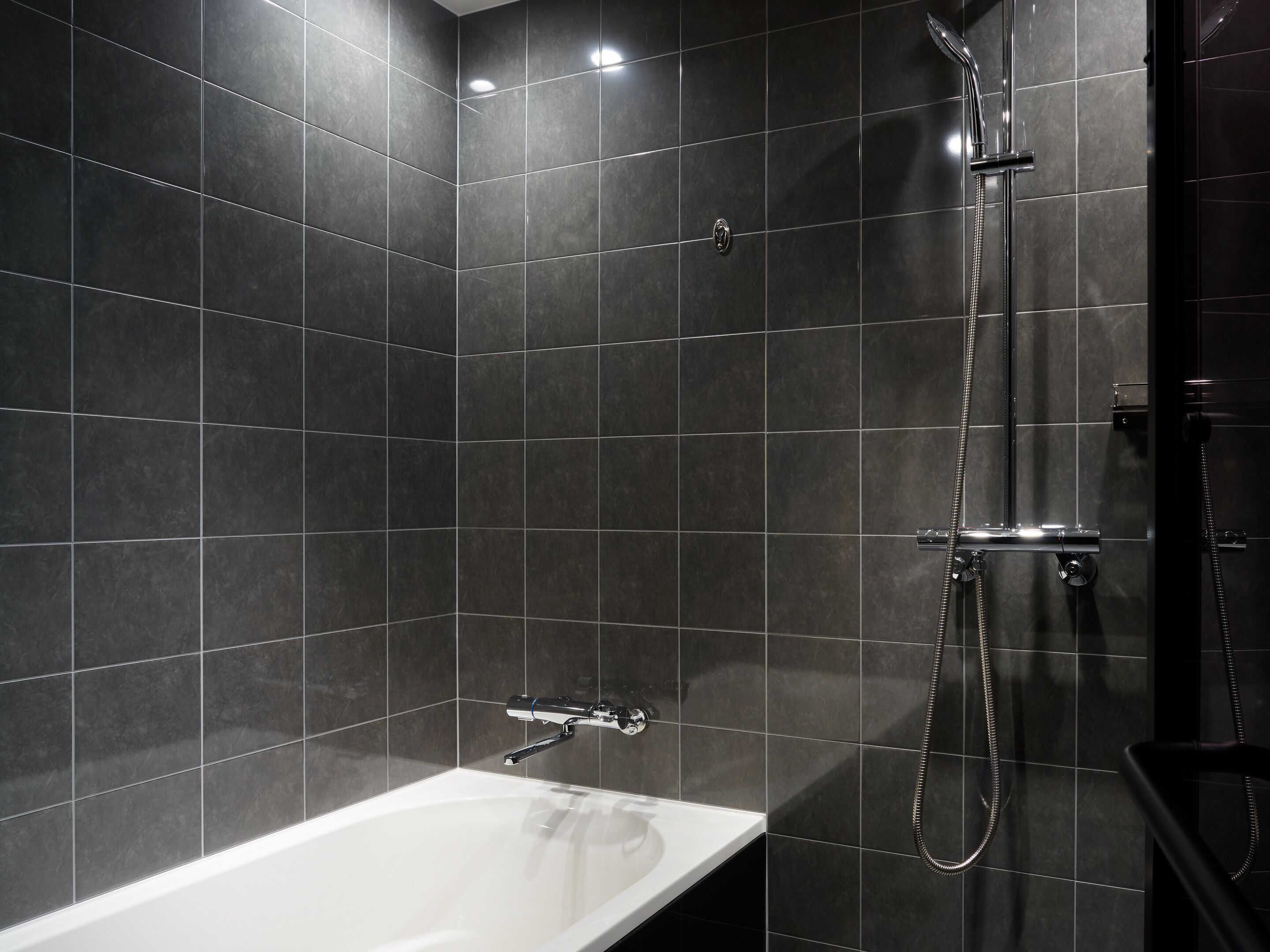 A modern bathroom with dark tiles, a white bathtub, and a shower with a handheld showerhead.