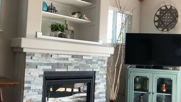 TV connectée, cheminée, lecteur de DVD, livres