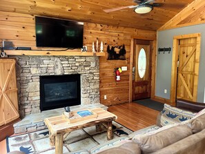 Smart TV, fireplace, video games, DVD player