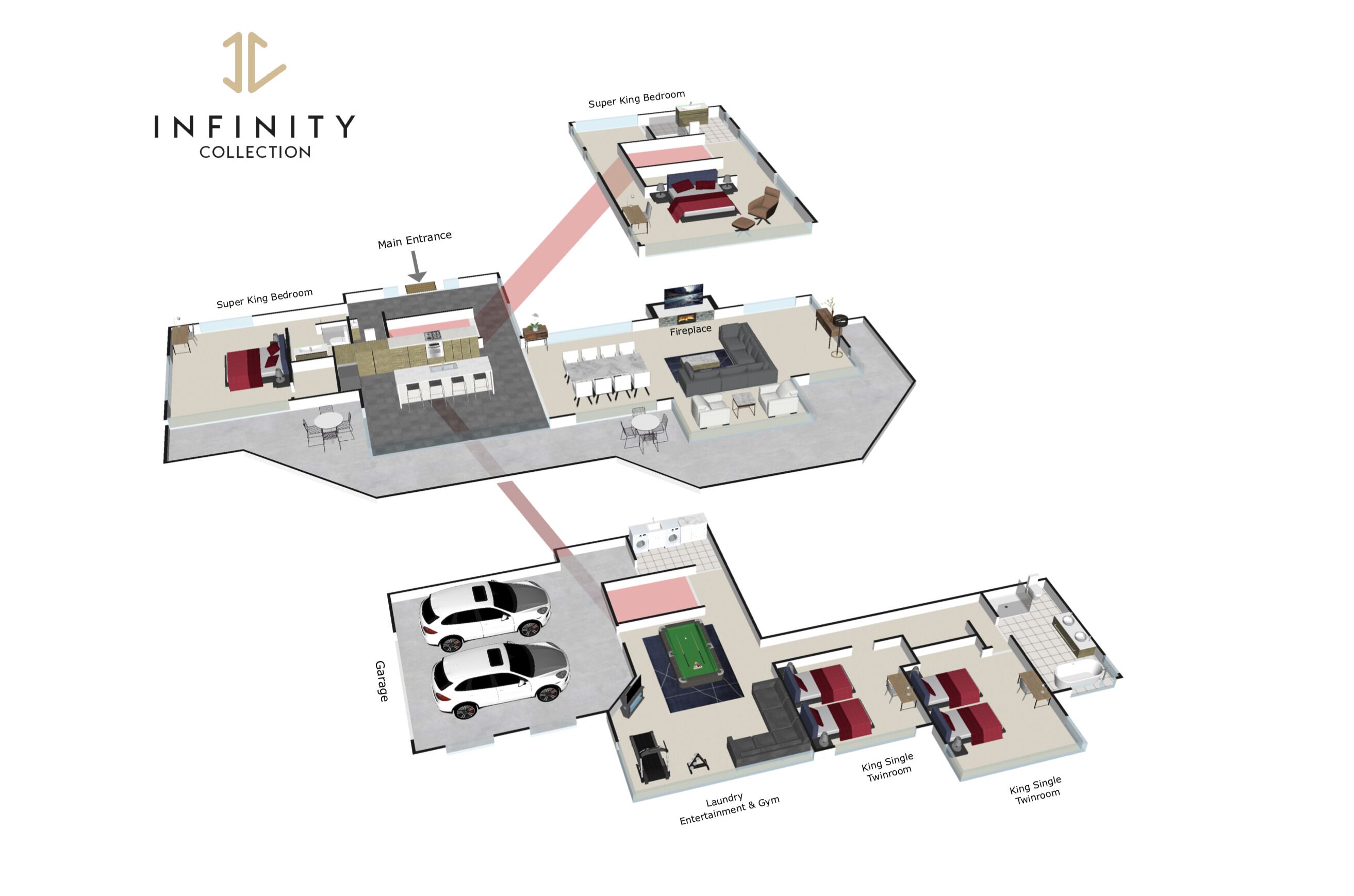 A 3D floor plan of a hotel with labeled rooms including a Super King Bedroom, Fireplace, King Single Twinroom, King Single Single, Laundry, Entertainment & Gym, and a Garage.
