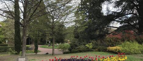 Ein Park mit verschiedenen Bäumen, einem gepflasterten Weg und Blumenbeeten mit roten, weißen und gelben Blumen.