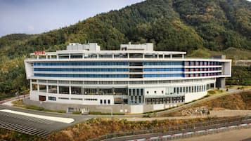 Hotel offers stunning views of the surrounding hills and lush greenery.