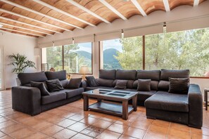 Televisie, een open haard, een dvd-speler en een tafeltennistafel