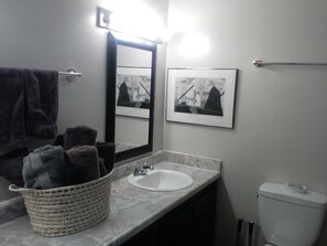 Combined shower/bathtub, hair dryer, towels, soap