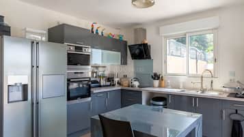 Fridge, microwave, stovetop, espresso maker