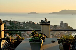 Un balcon agrémenté de plantes en pot, offrant une vue sur le paysage urbain de la côte.