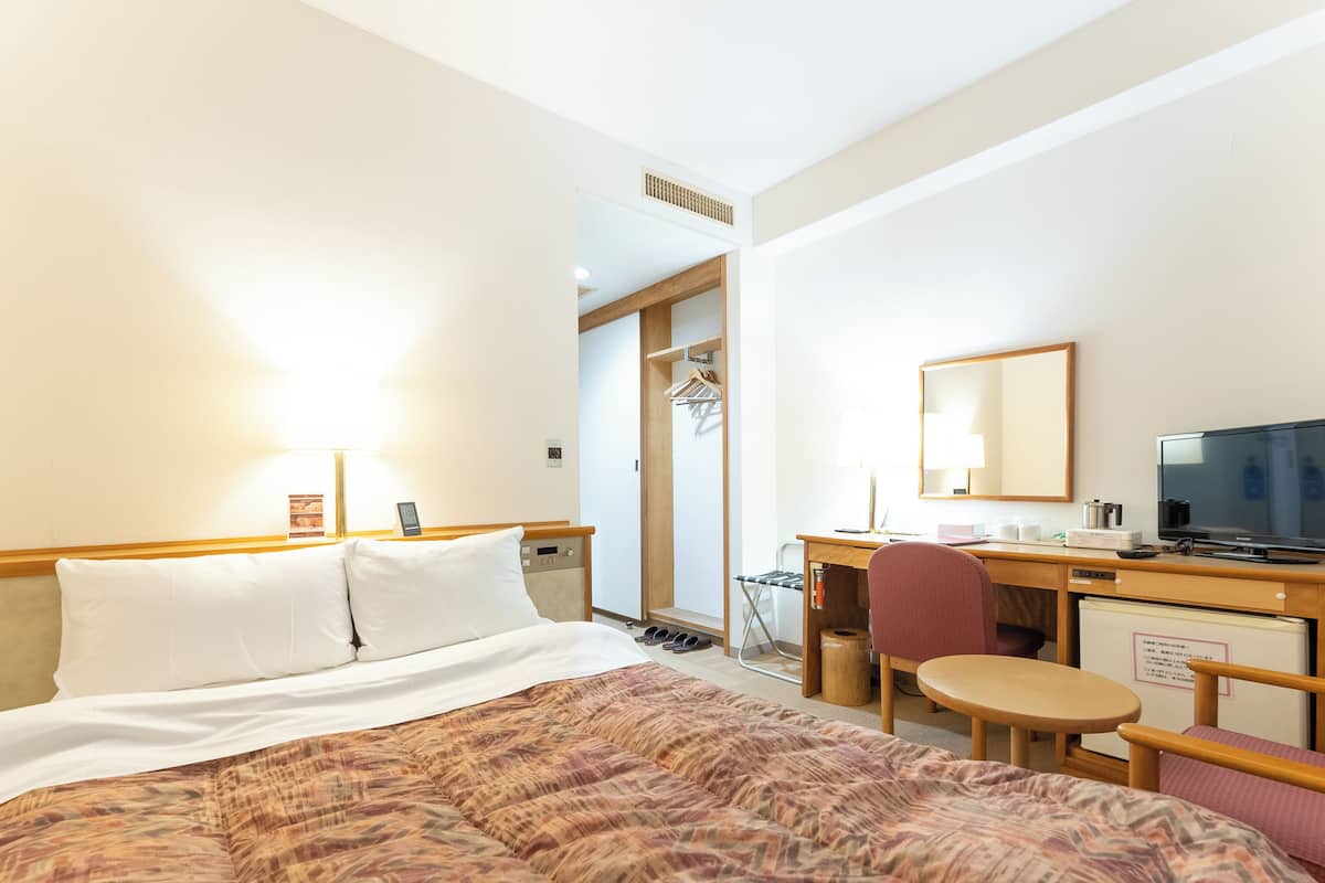 A hotel room with a bed, a desk, a chair, a television, and a small table.