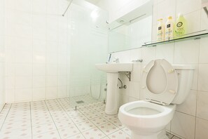 Suihku, ilmaiset hygieniatuotteet, hiustenkuivaaja, tohvelit