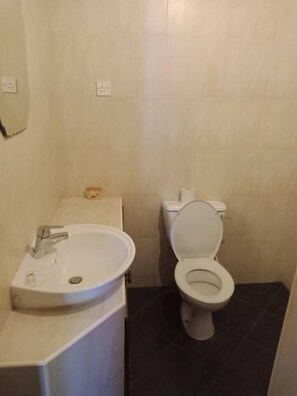Et lille badeværelse med en hvid vask, toilet og et spejl.