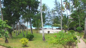 A tropical resort with palm trees, a beach, and a pathway leading to a building. - Bidi Badu Zanzibar Village - Hostel (Diani Beach)