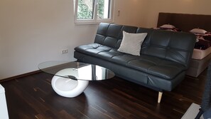 Superior studio, 1 queensize bed met slaapbank (incl. end cleaning fee €35) | Woonruimte | Flatscreentelevisie